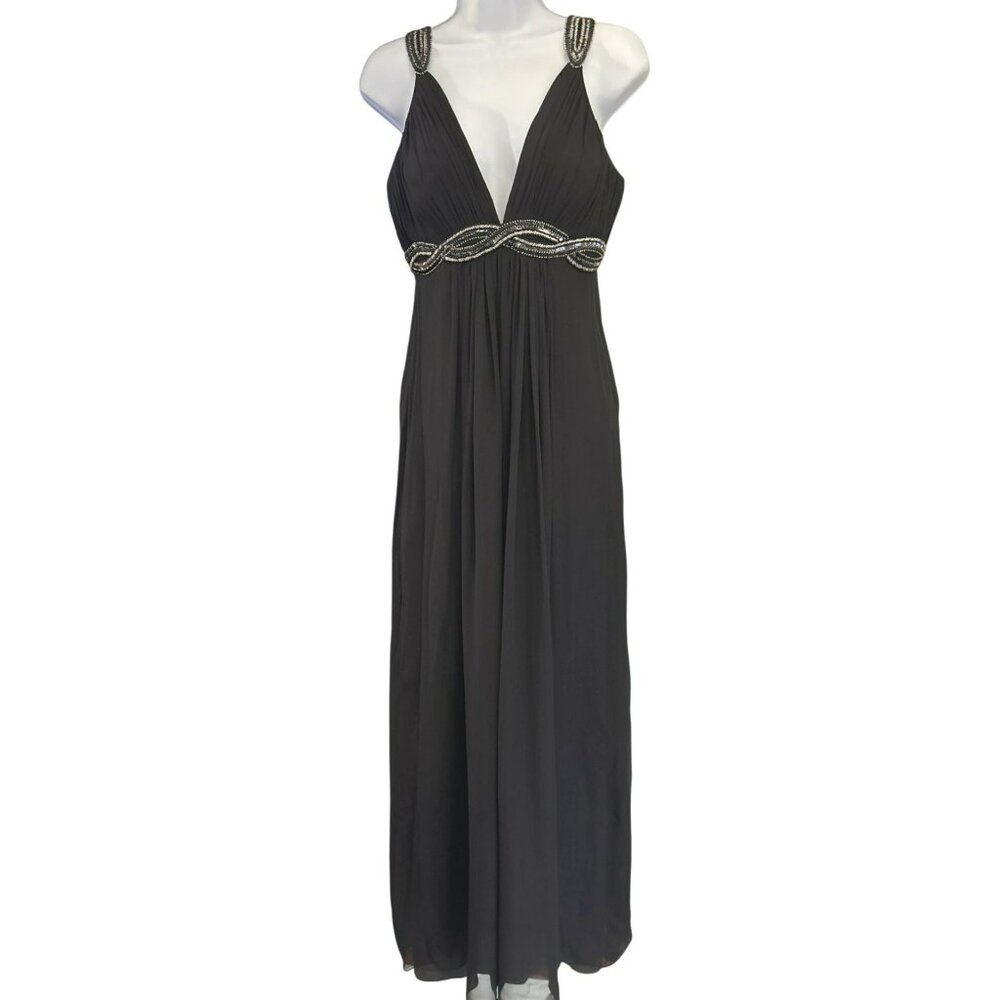 Y2K Vintage Scala Black Beaded Baby Doll Full Length Silk Dress Size Medium